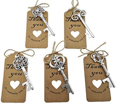 50pcs Skeleton Key Bottle Opener Wedding Party Favor Souvenir Gift with Escort Tag and Jute Rope(Silver Tone,5 styles)