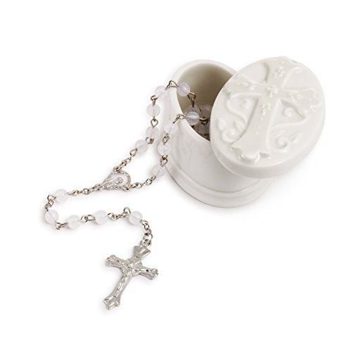 DEMDACO Rosary Classic White 3 x 2 Glossy Porcelain Decorative Trinket Box Set